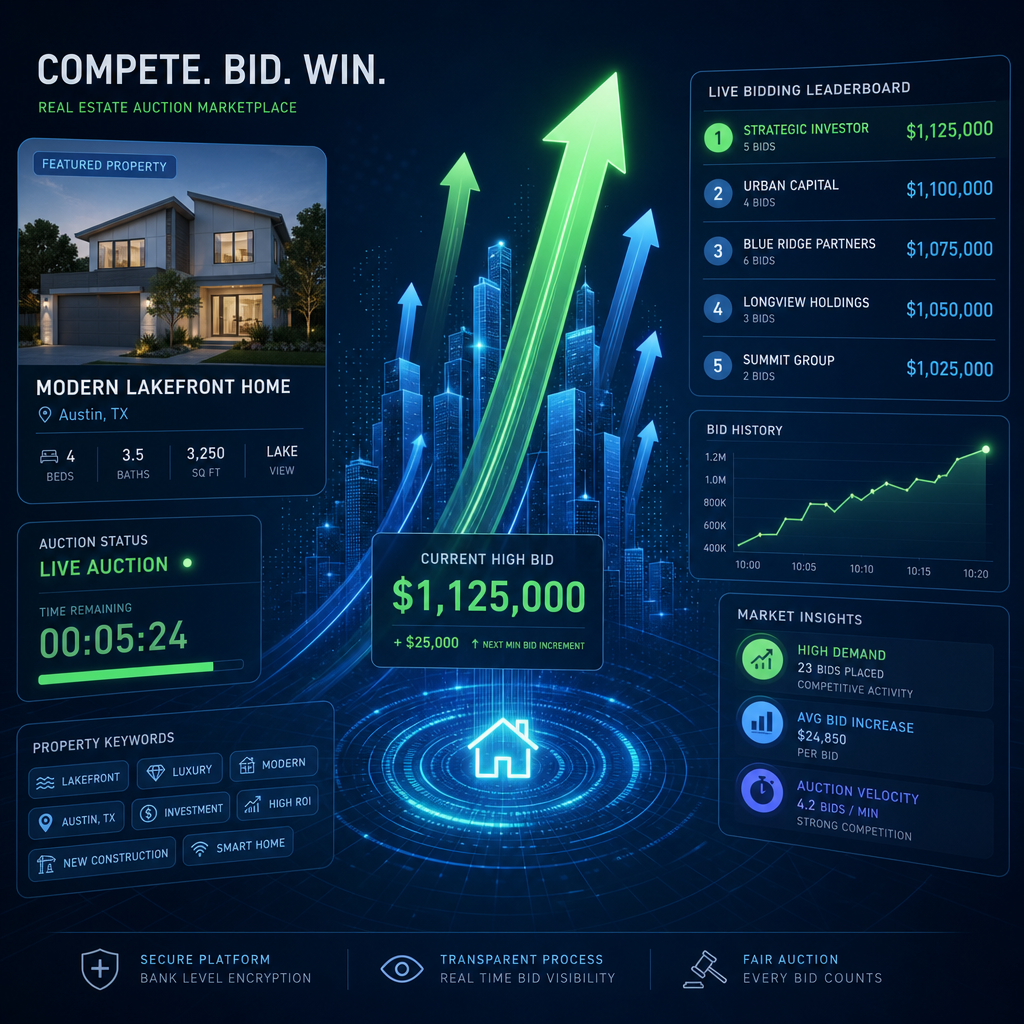Digital auction concept with competitive bidding indicators and upward trending elements