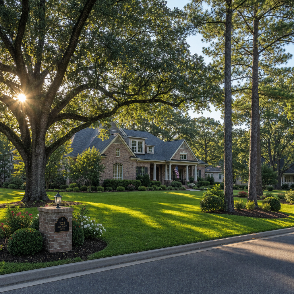Healthy suburban landscape with properly maintained trees and manicured lawn in Pike Road, Alabama