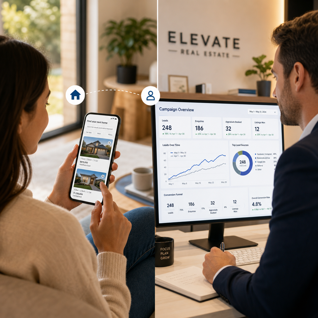 Property buyer searching on mobile phone connecting with real estate agent monitoring campaign performance