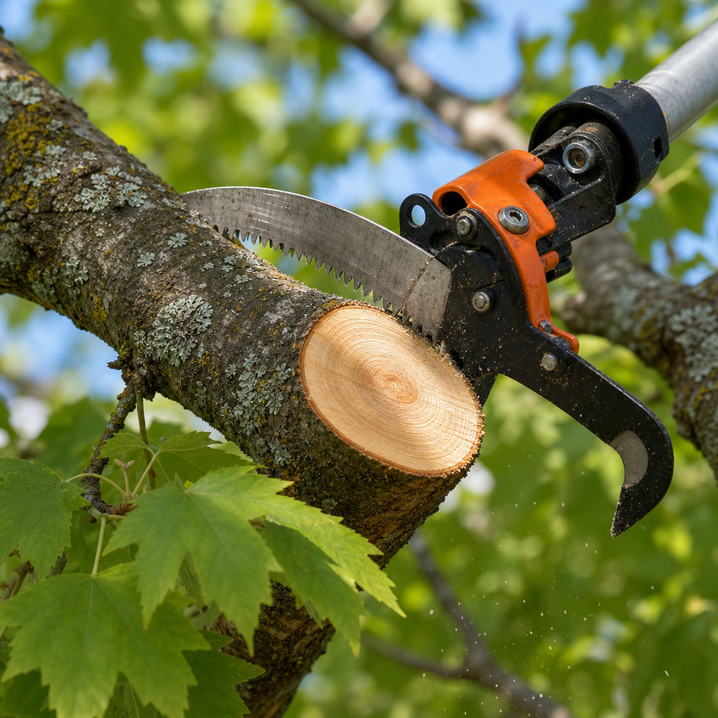 Professional tree pruning showing correct cutting technique on a tree branch