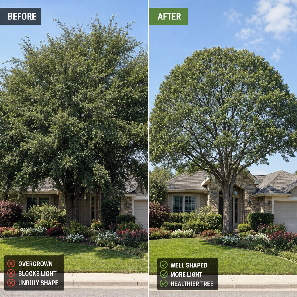 Comparison showing overgrown versus properly trimmed tree structure in residential landscape