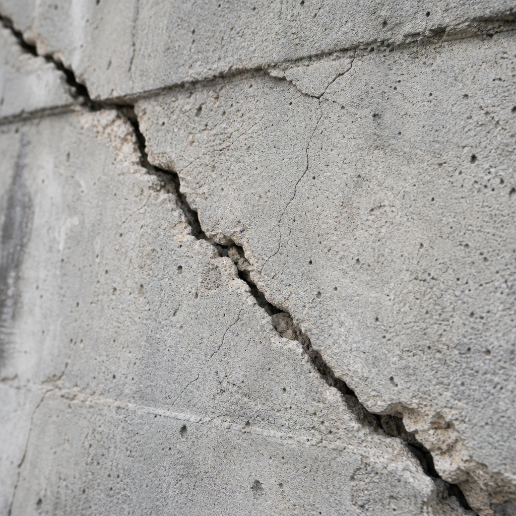 Fissures structurelles visibles dans le béton d'un mur porteur