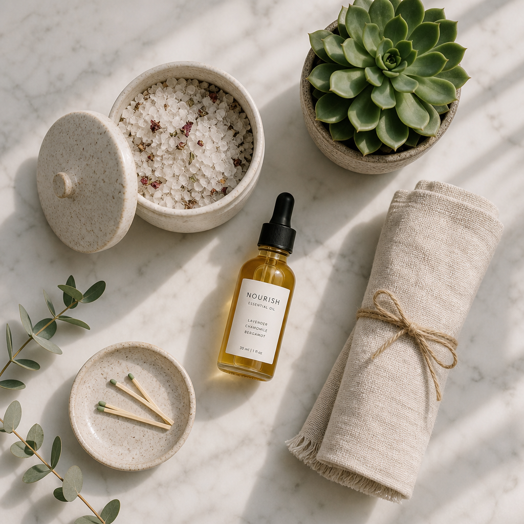 Curated self-care items arranged on marble surface including bath salts, towel, essential oil, and plant