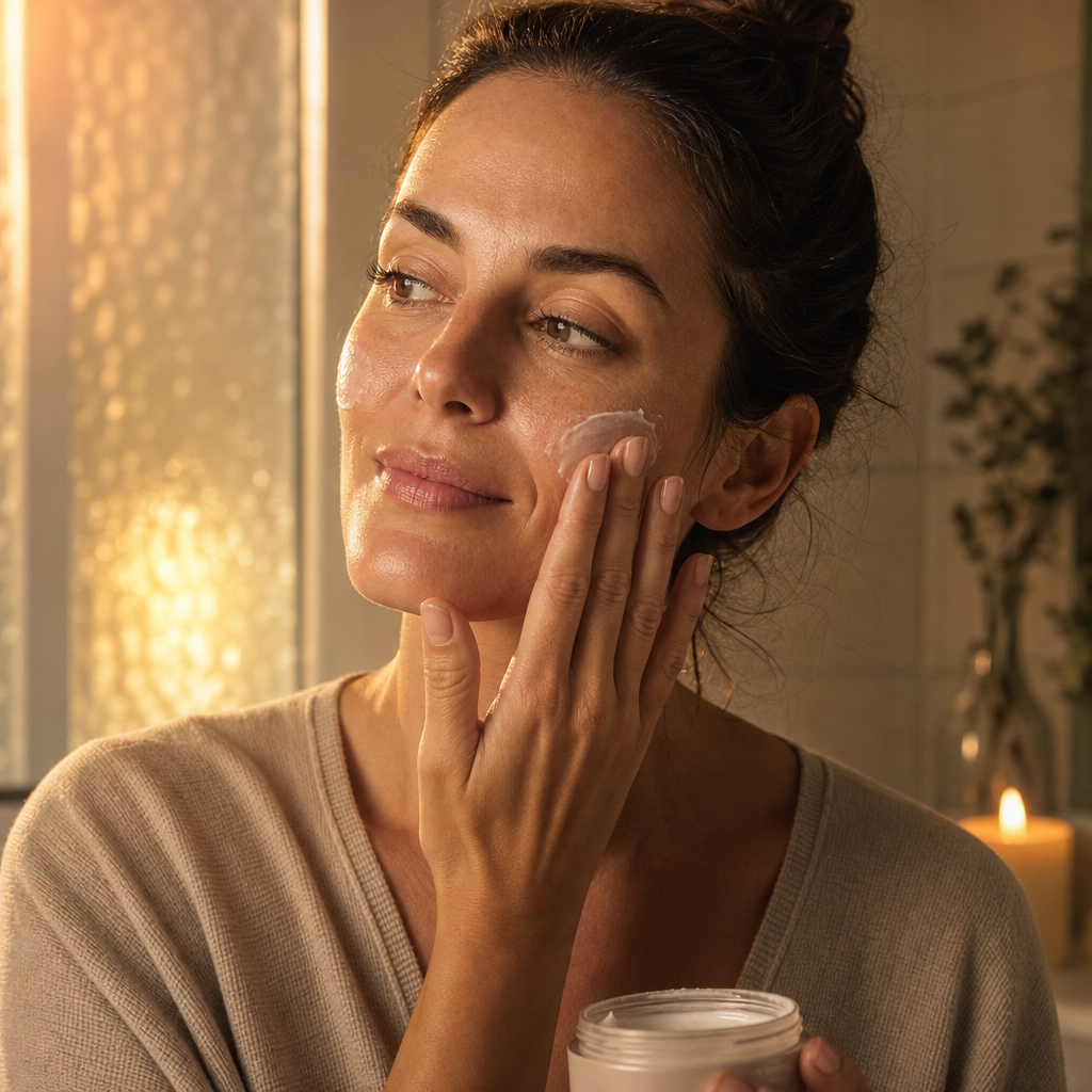 Woman applying skincare moisturizer during evening beauty routine in warm bathroom lighting