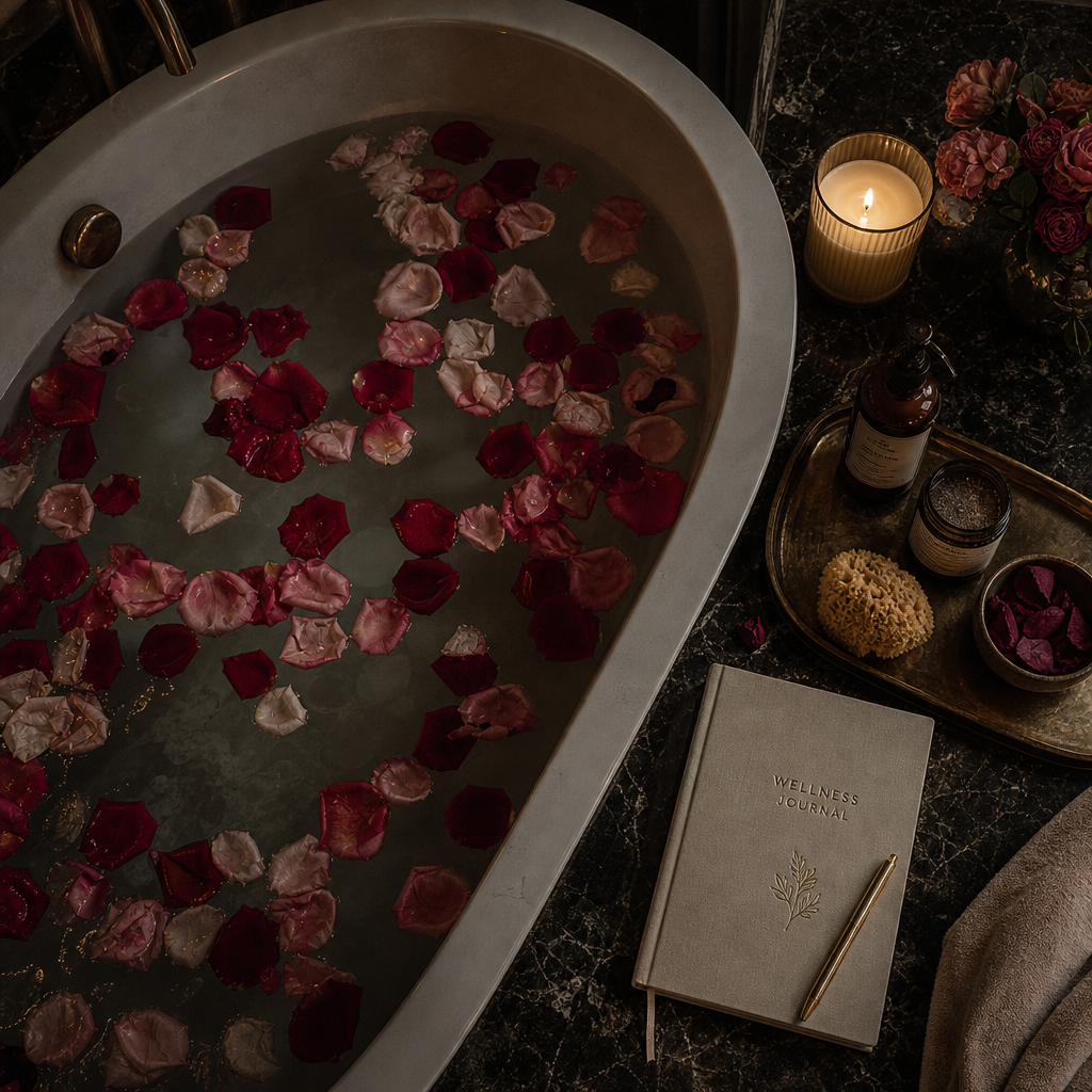 Luxurious bath setup with rose petals, candle, wellness journal, and self-care products