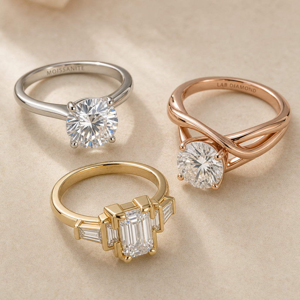 Three distinct engagement ring styles showcasing moissanite, lab diamond, and architectural band designs