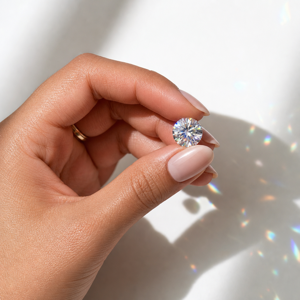 Close-up of moissanite stone refracting light, demonstrating gemstone brilliance