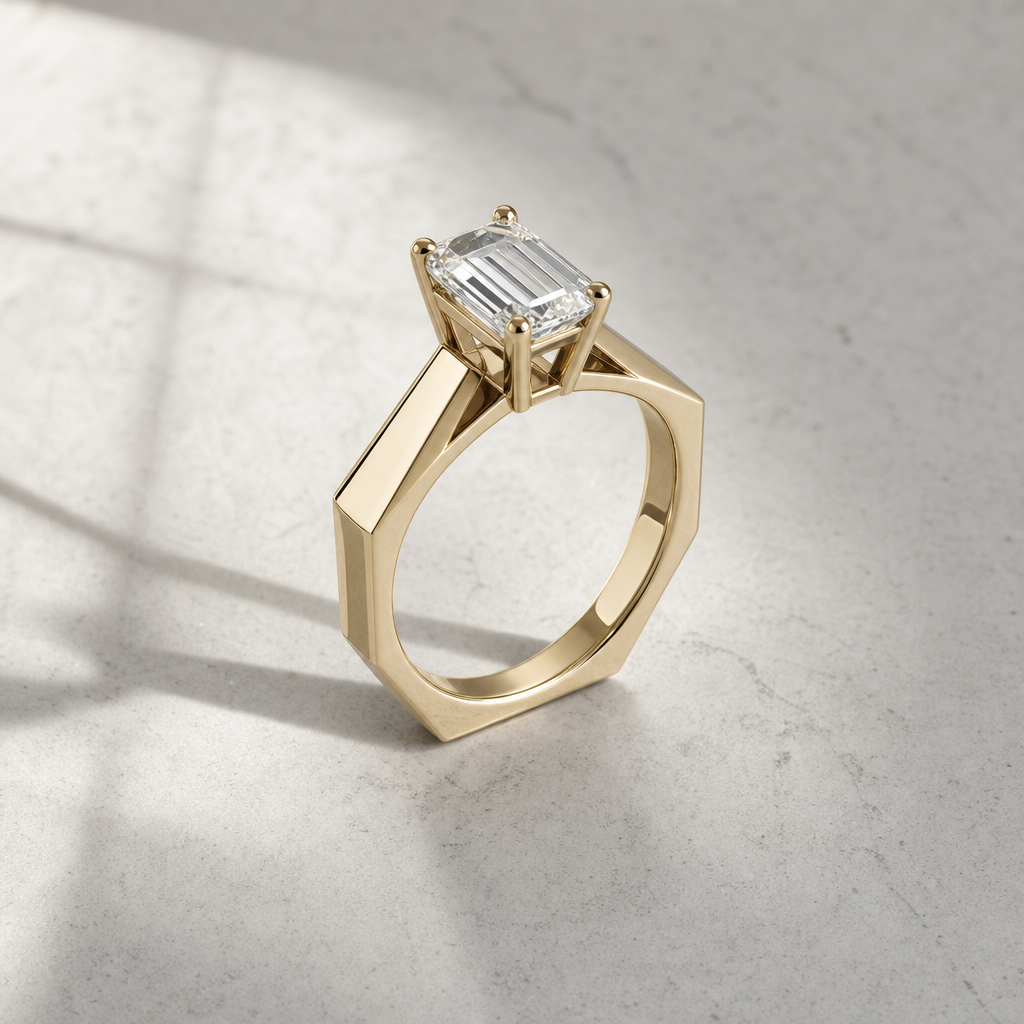 Contemporary geometric engagement ring with architectural band design on neutral textured surface