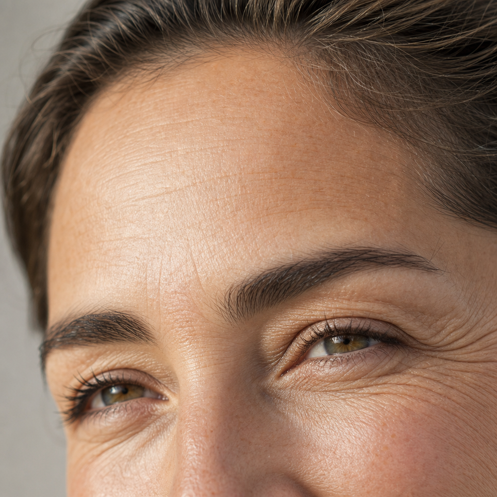 Close-up of forehead and eye area showing fine lines and crow's feet on mature skin