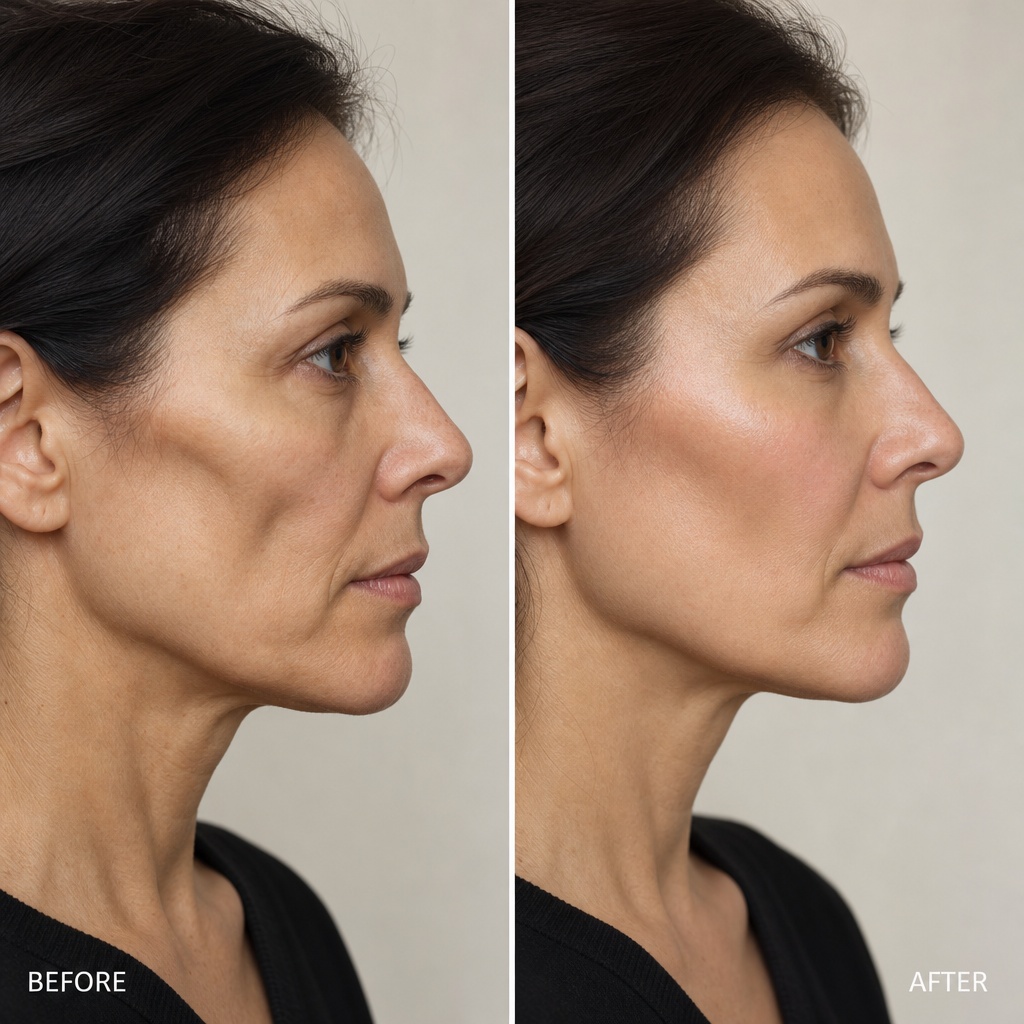 Before and after profile comparison showing loss of facial volume and volume restoration