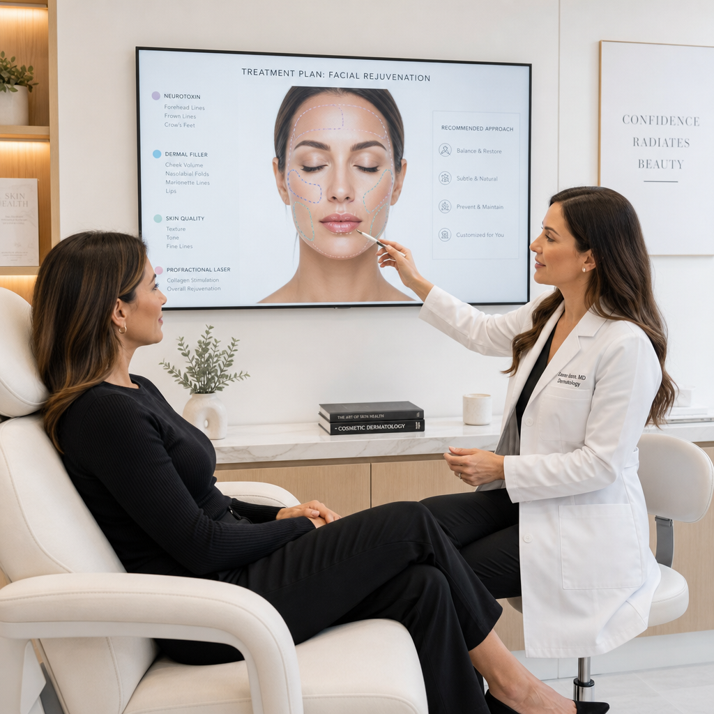 Patient consultation scene with practitioner discussing treatment areas on facial anatomy diagram