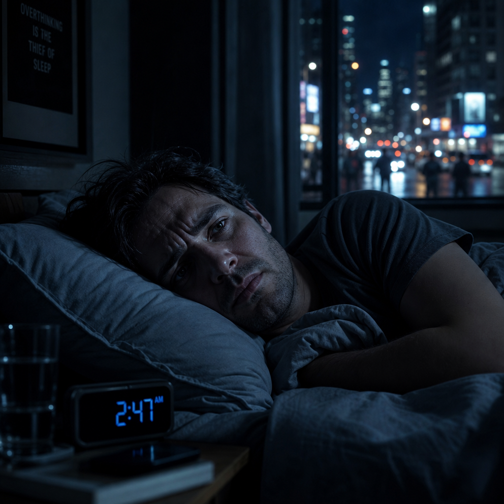 Person awake in bed at night, frustrated by city noise outside window