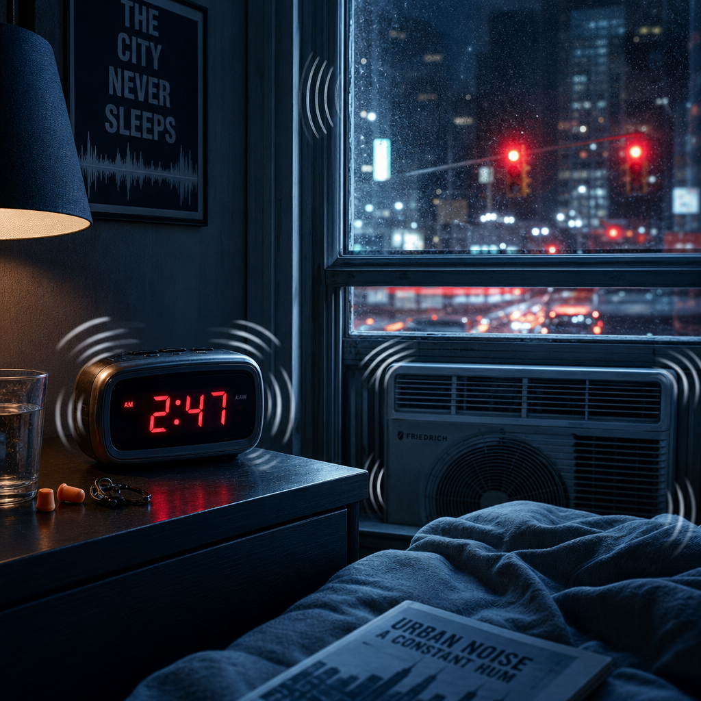 Close-up composition of various urban noise sources in a bedroom environment
