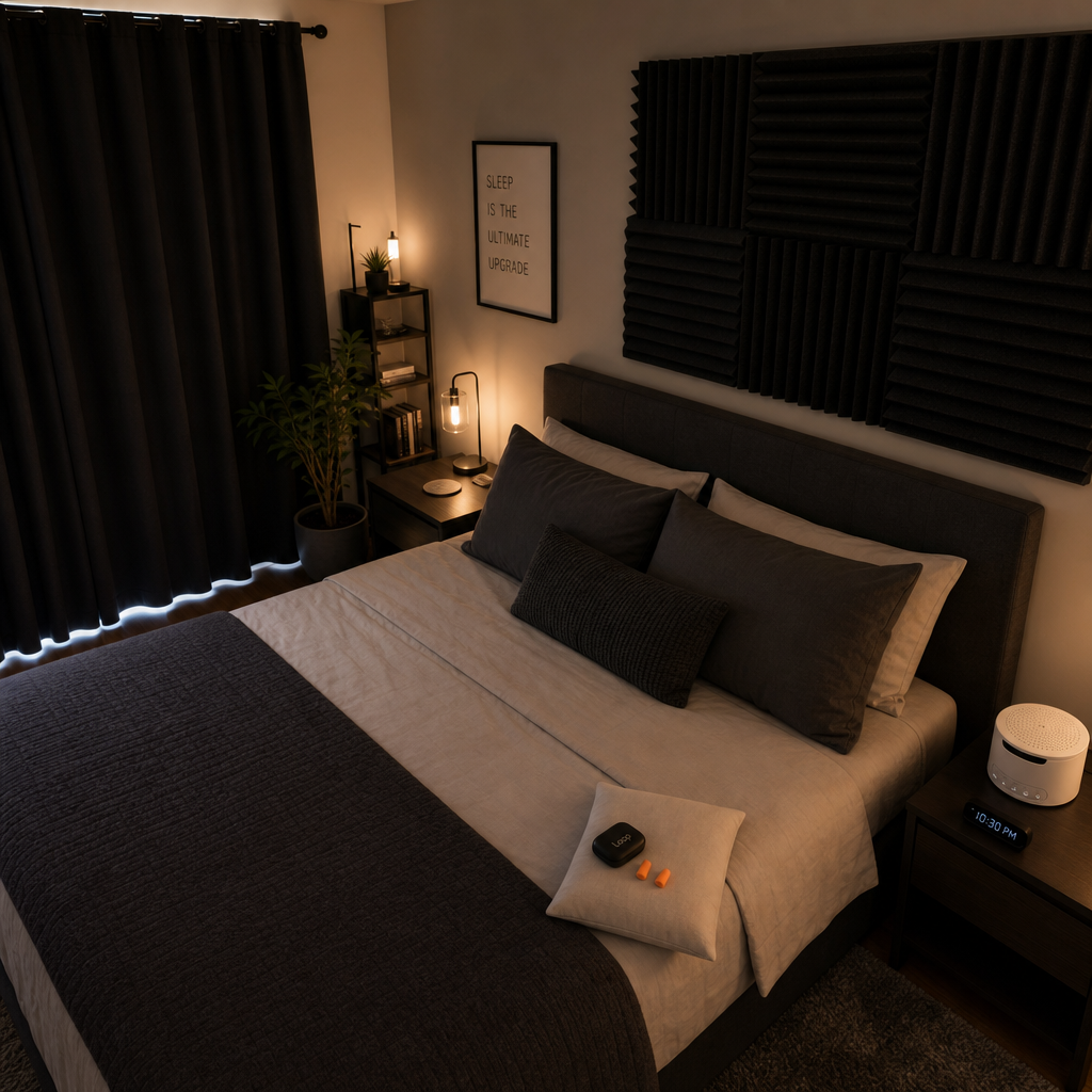 Peaceful bedroom setup with soundproofing elements and noise reduction tools