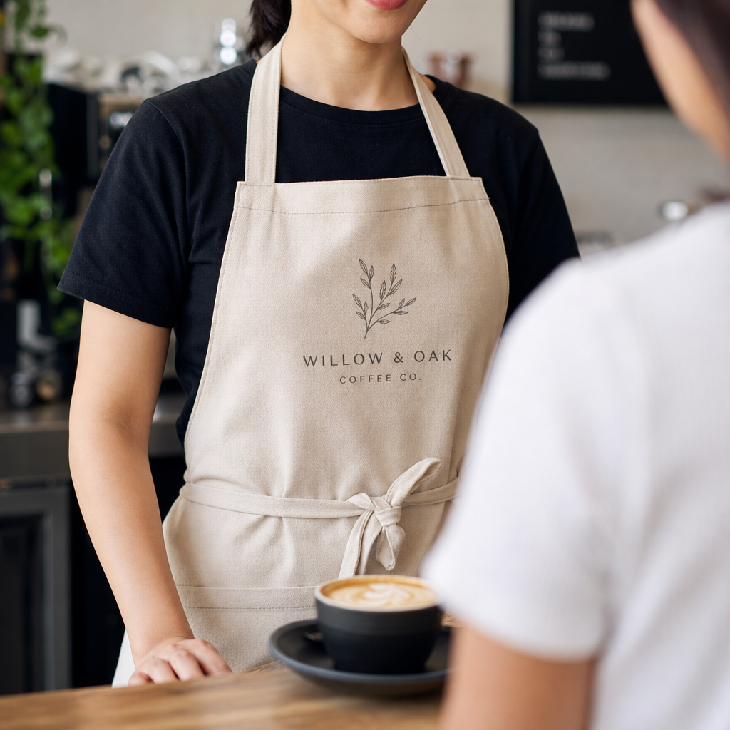 Barista in custom printed apron serving customer at cafe counter