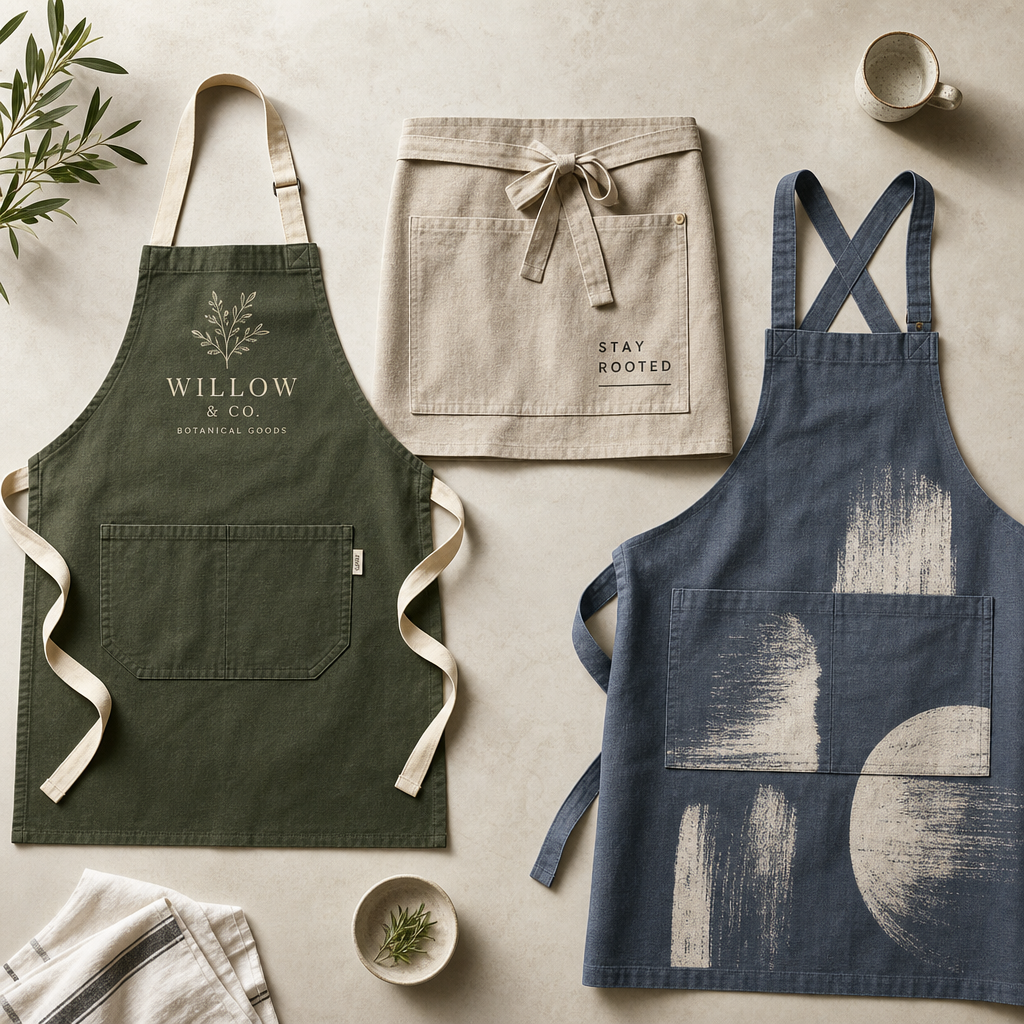 Three hospitality apron styles displayed flat lay with various print methods