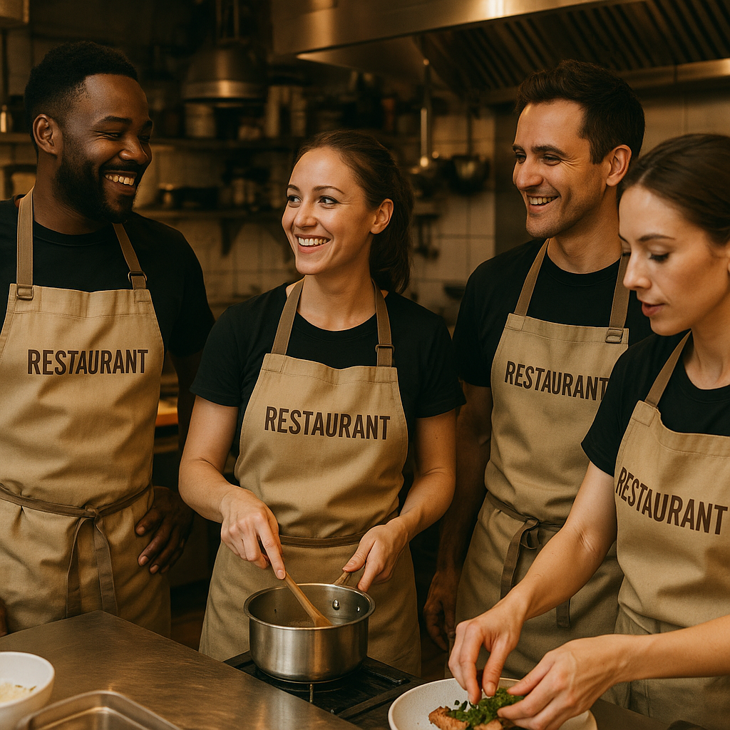 Restaurant kitchen team wearing matching custom printed aprons during service