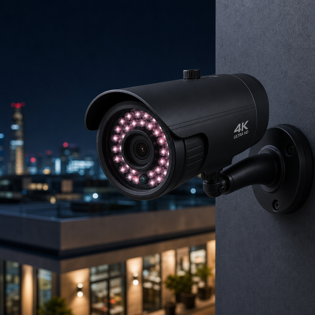 Modern 4K security camera with advanced night vision mounted on commercial building