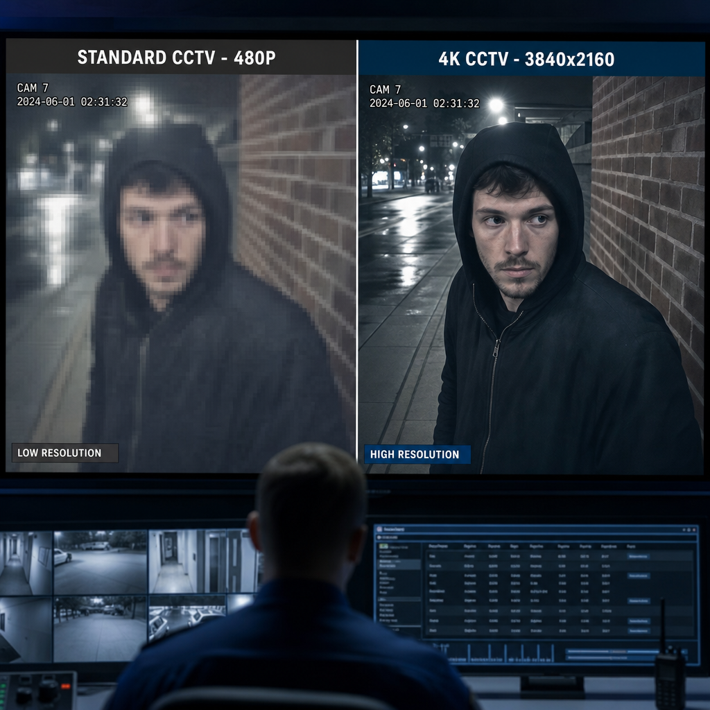 Comparison of blurry low-resolution CCTV footage versus clear 4K surveillance video