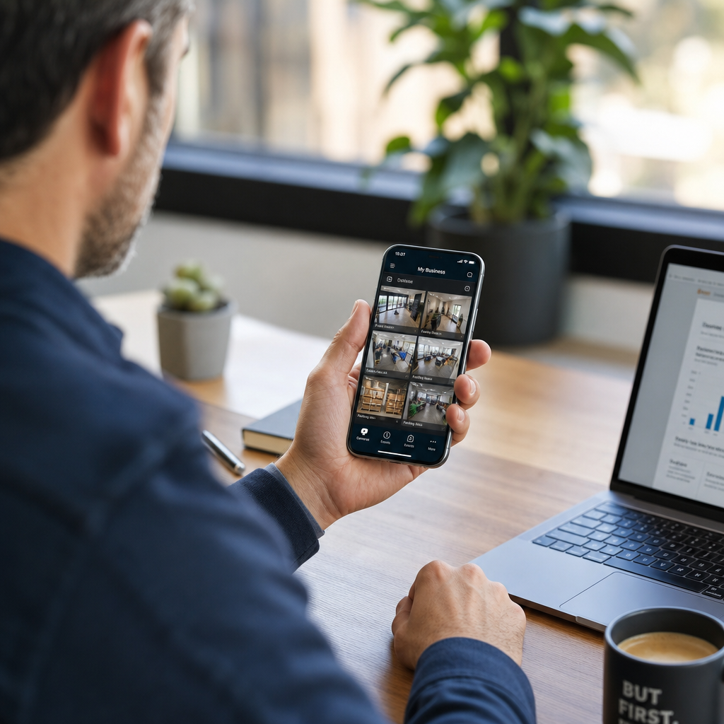 Business professional monitoring security cameras remotely on mobile device from office