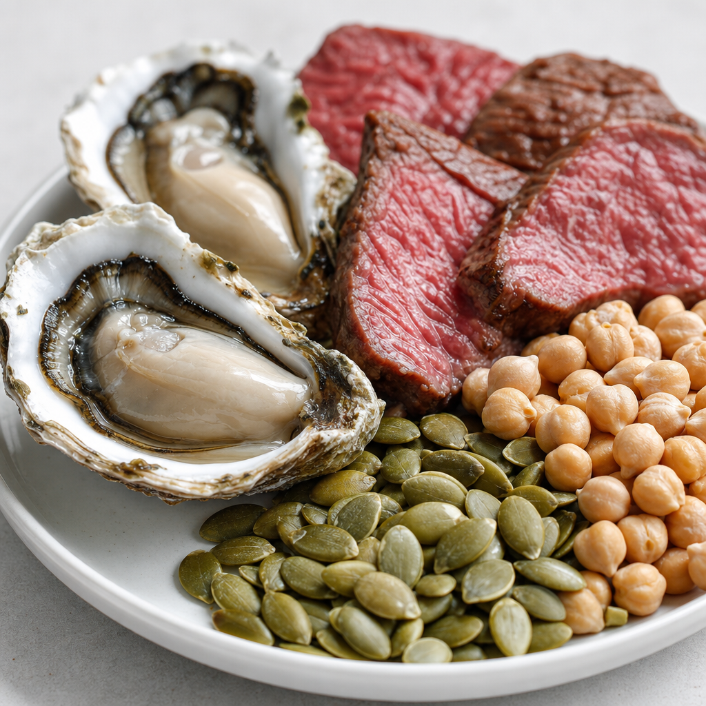 Zinc-rich foods including oysters, seeds, and legumes arranged on a plate