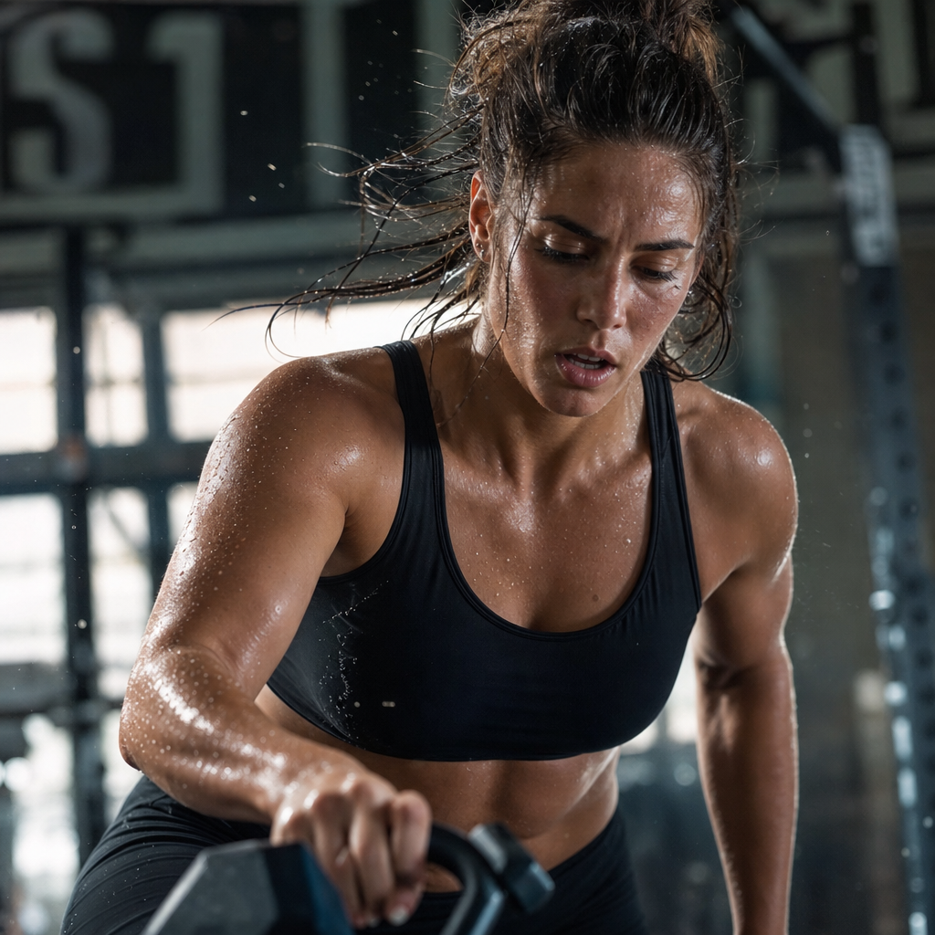 Active person sweating during intense workout, demonstrating physical exertion