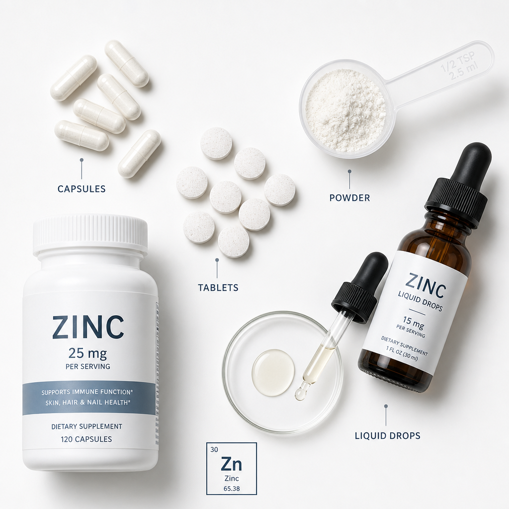 Different zinc supplement forms including capsules, tablets, powder, and liquid