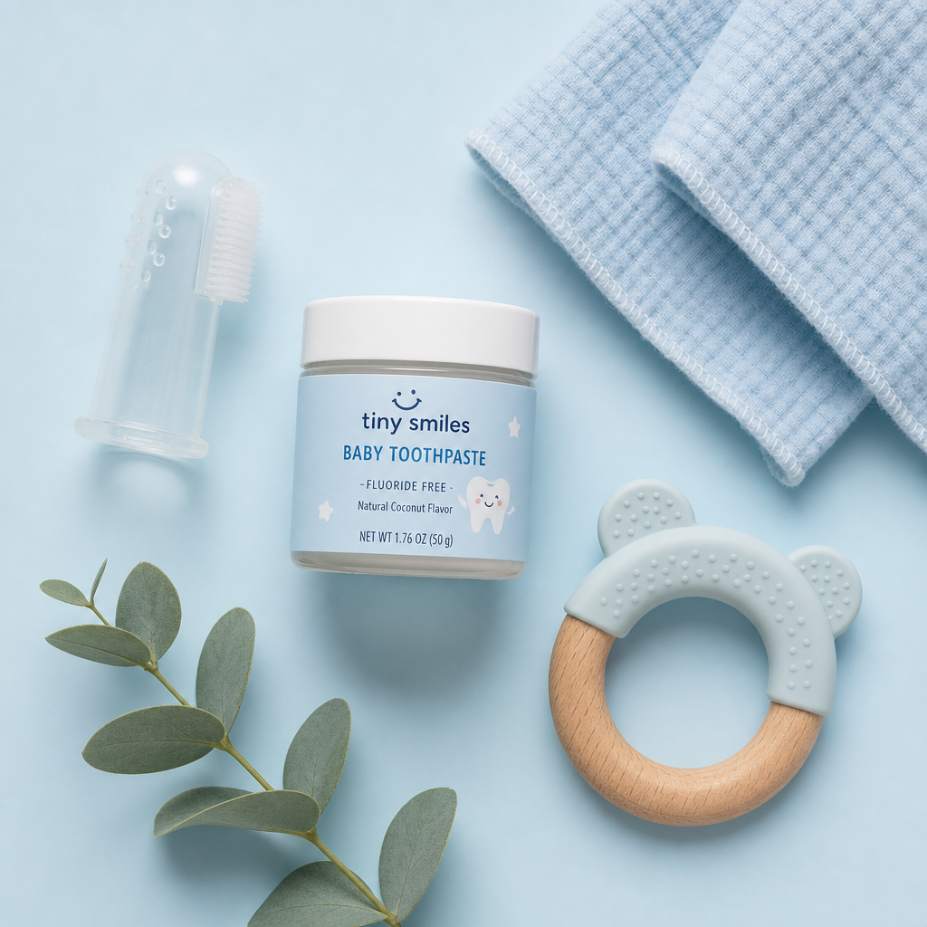 Baby oral care essentials including fingertip toothbrush and toothpaste on neutral background