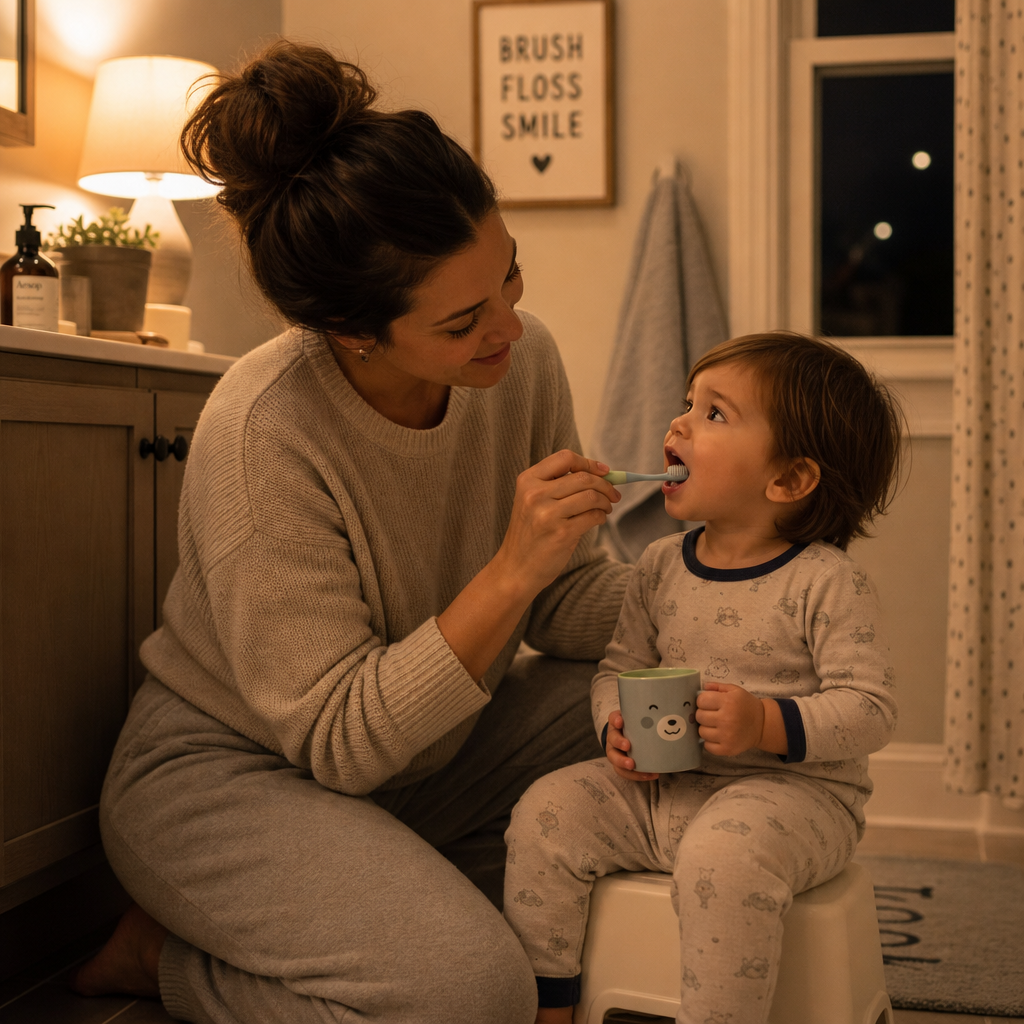 Parent and baby during an evening tooth-cleaning routine in a calm home bathroom setting