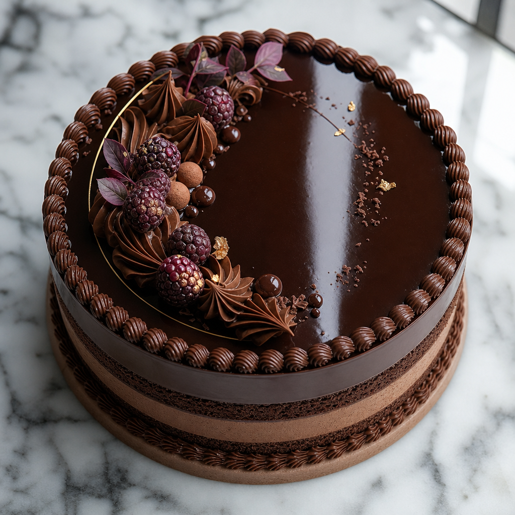 Handcrafted layered cake with French patisserie details and glossy chocolate ganache