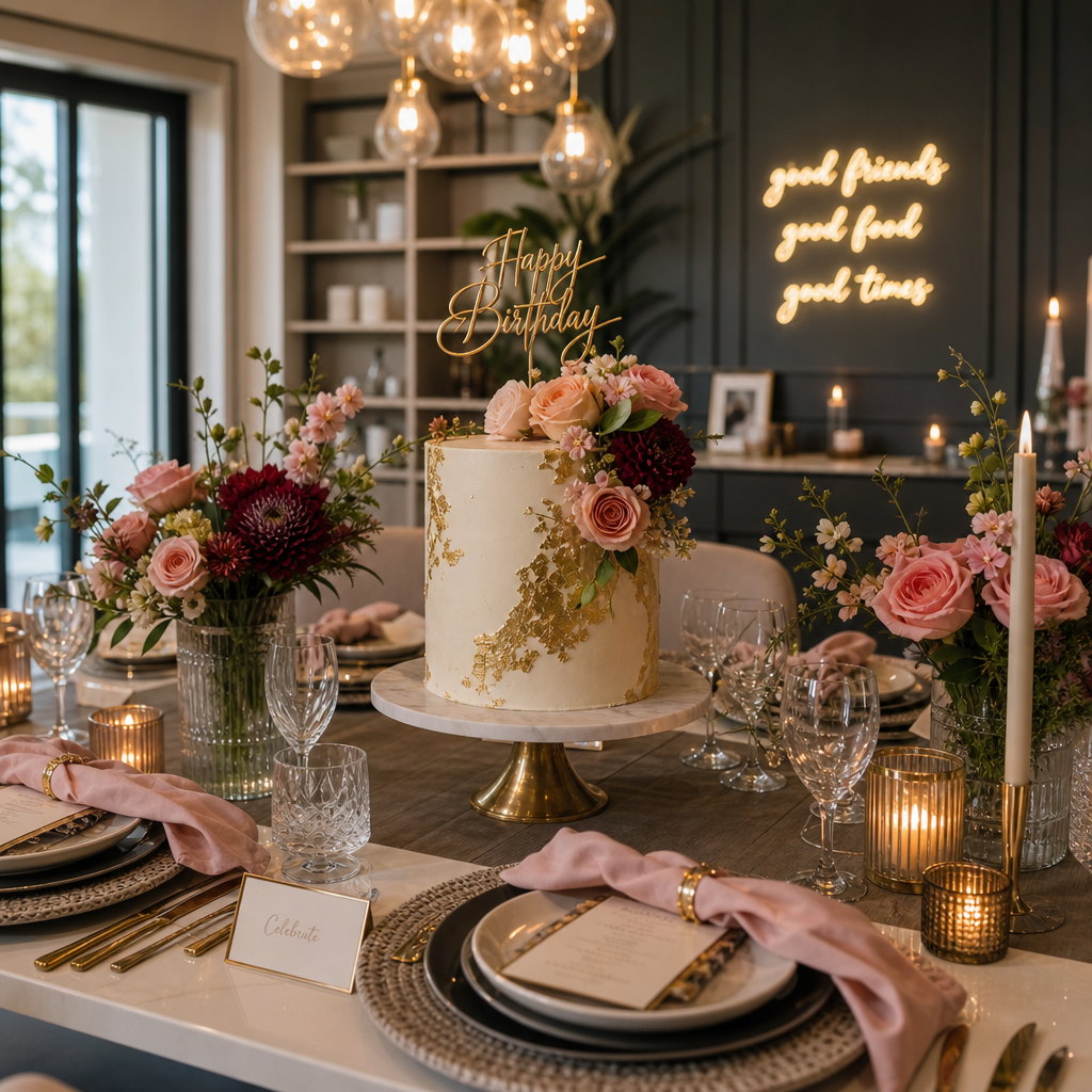 Celebration cake displayed on an elegantly styled dining table ready for a special event