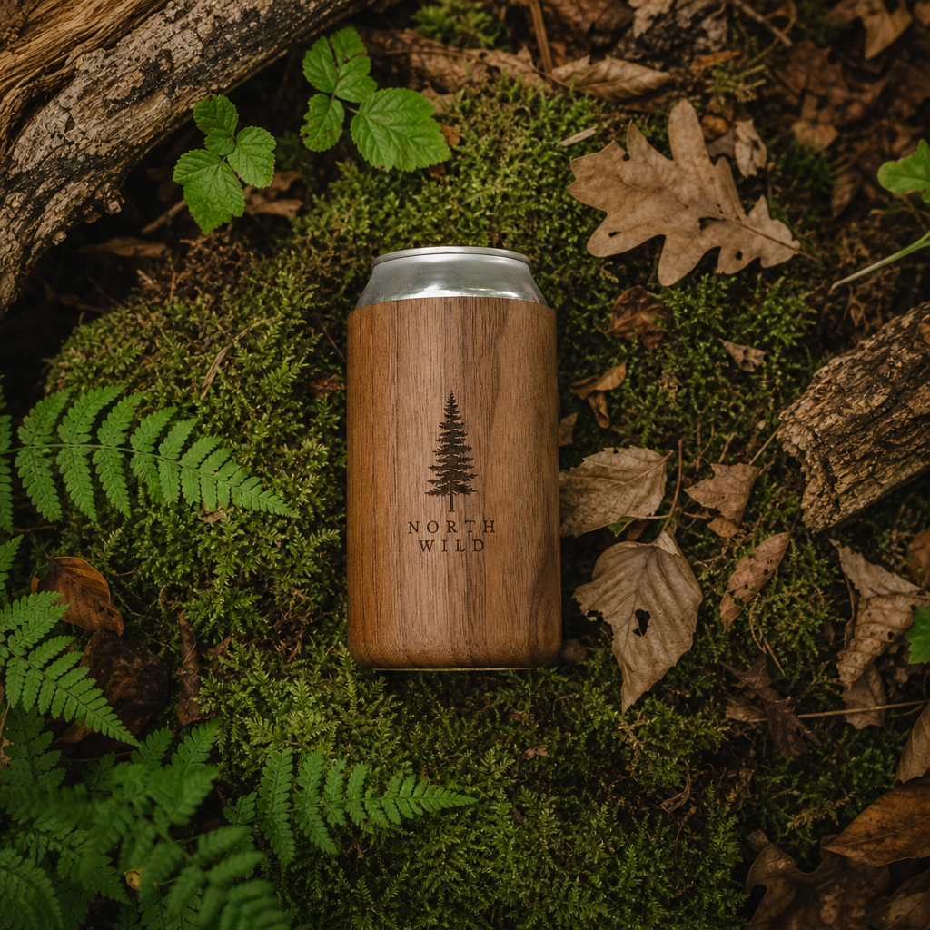 Wooden can insulator on forest floor with natural foliage