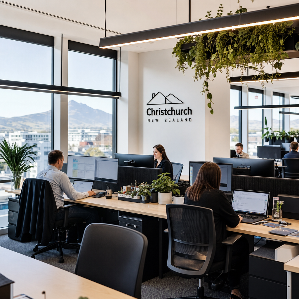 Bright, clean modern office workspace with natural light and organized workstations