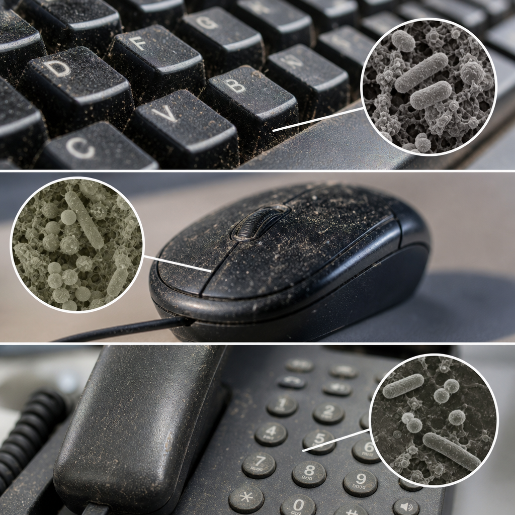 Magnified view of bacteria and dust on common office equipment surfaces