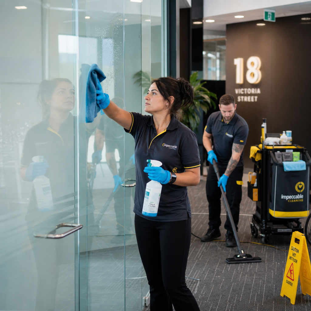 Professional cleaner maintaining office surfaces with modern cleaning equipment