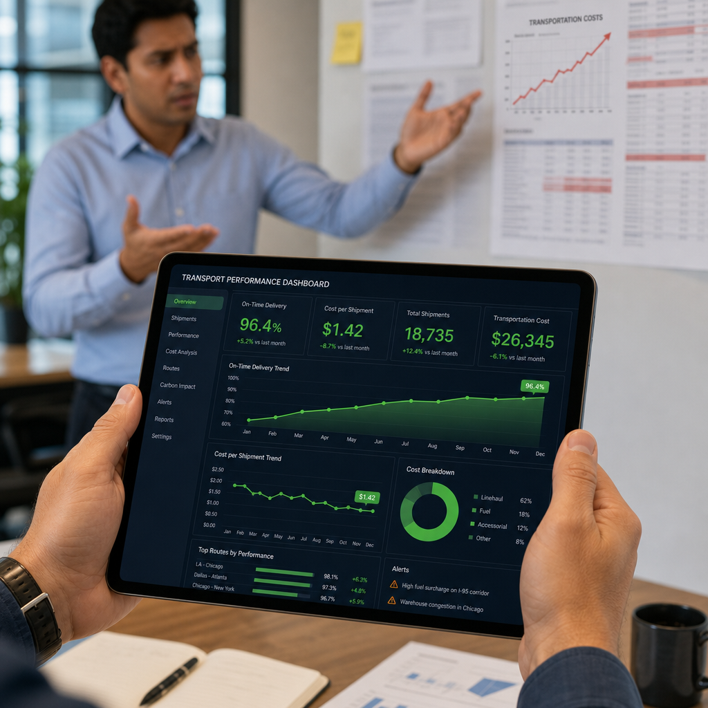 Transport manager reviewing dashboard metrics showing green KPIs while cost reports indicate hidden expenses