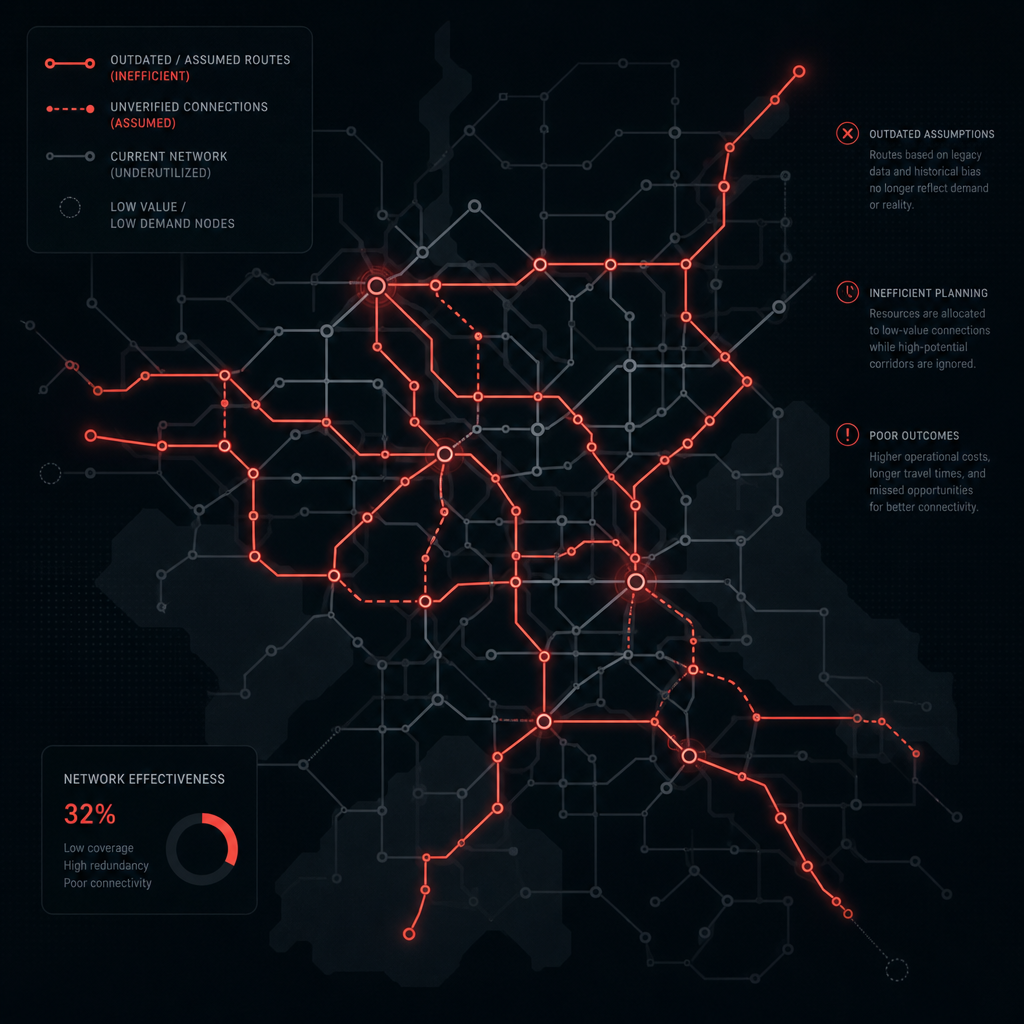 Network diagram showing inefficient route planning and transport network optimization gaps