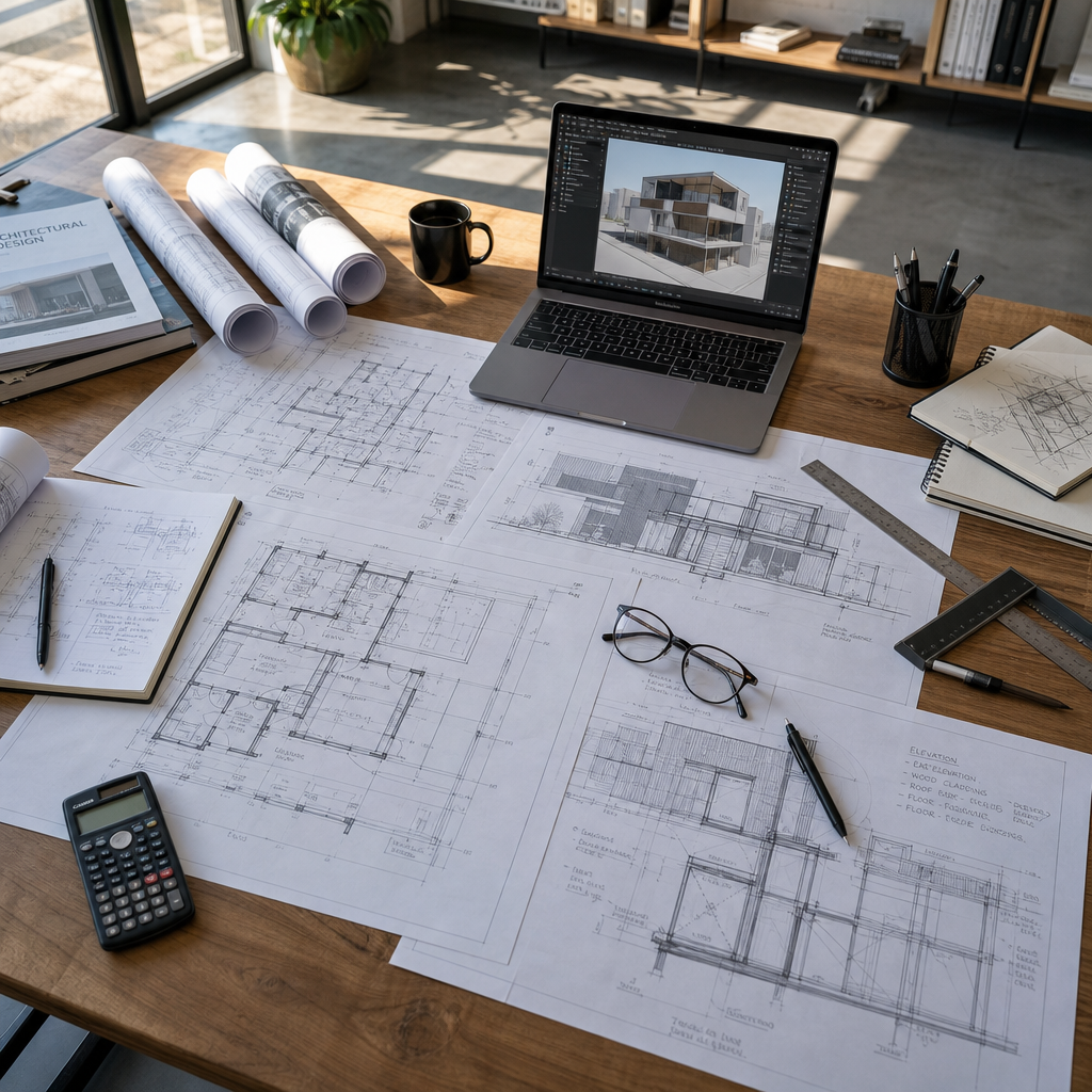 Architect's desk with garage conversion blueprints and design plans