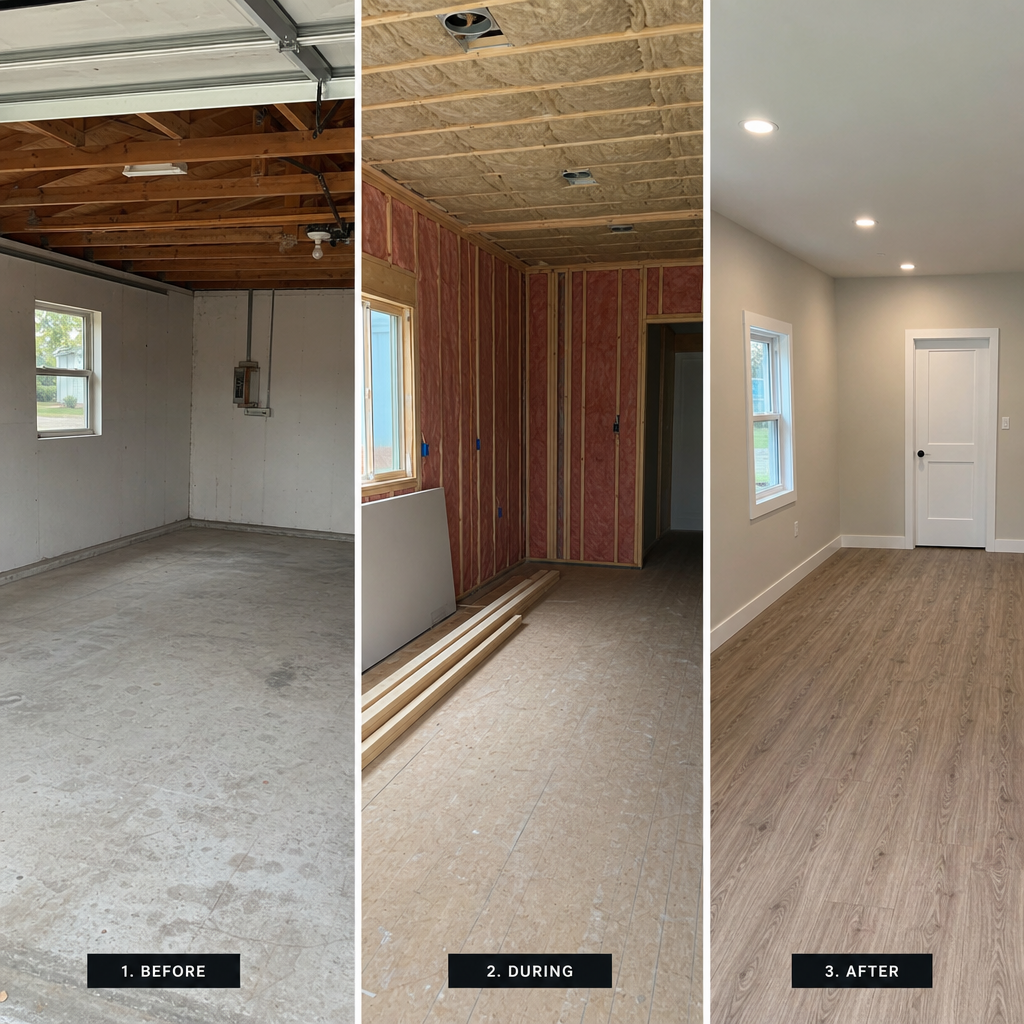 Before, during, and after progression of garage conversion renovation stages