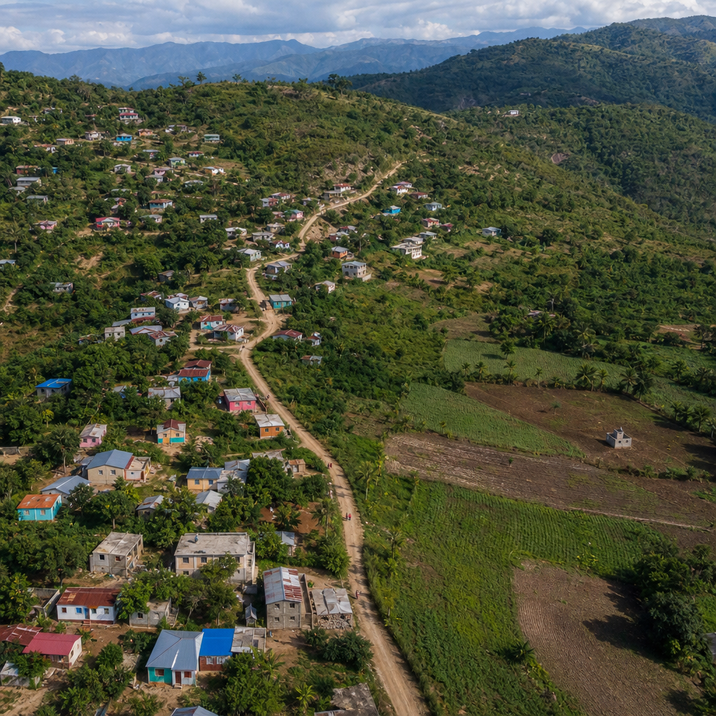 Aerial view of a rural Haitian village with homes and farmland on hillside terrain
