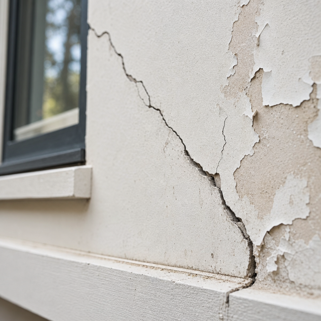 Visible crack and peeling paint on residential wall showing building defects