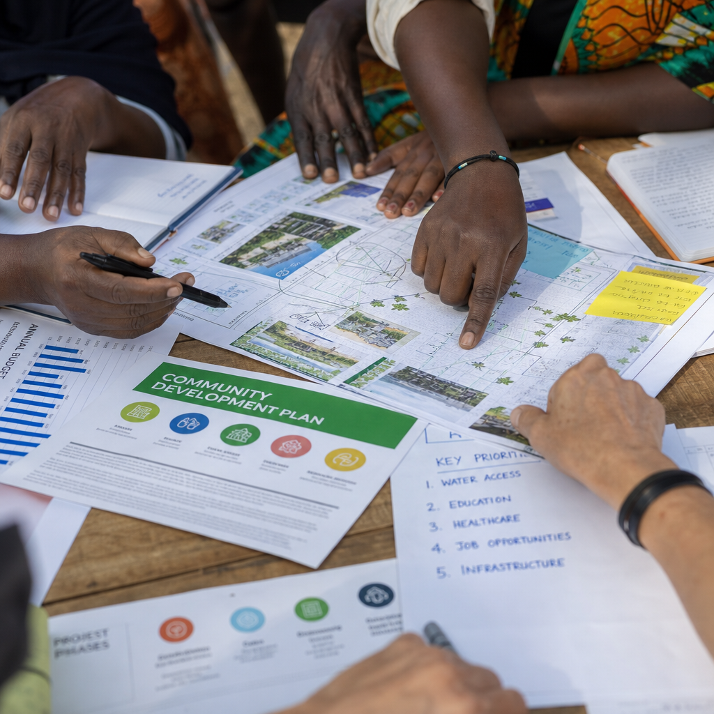 Multiple hands collaborating over development documents and planning materials at a table