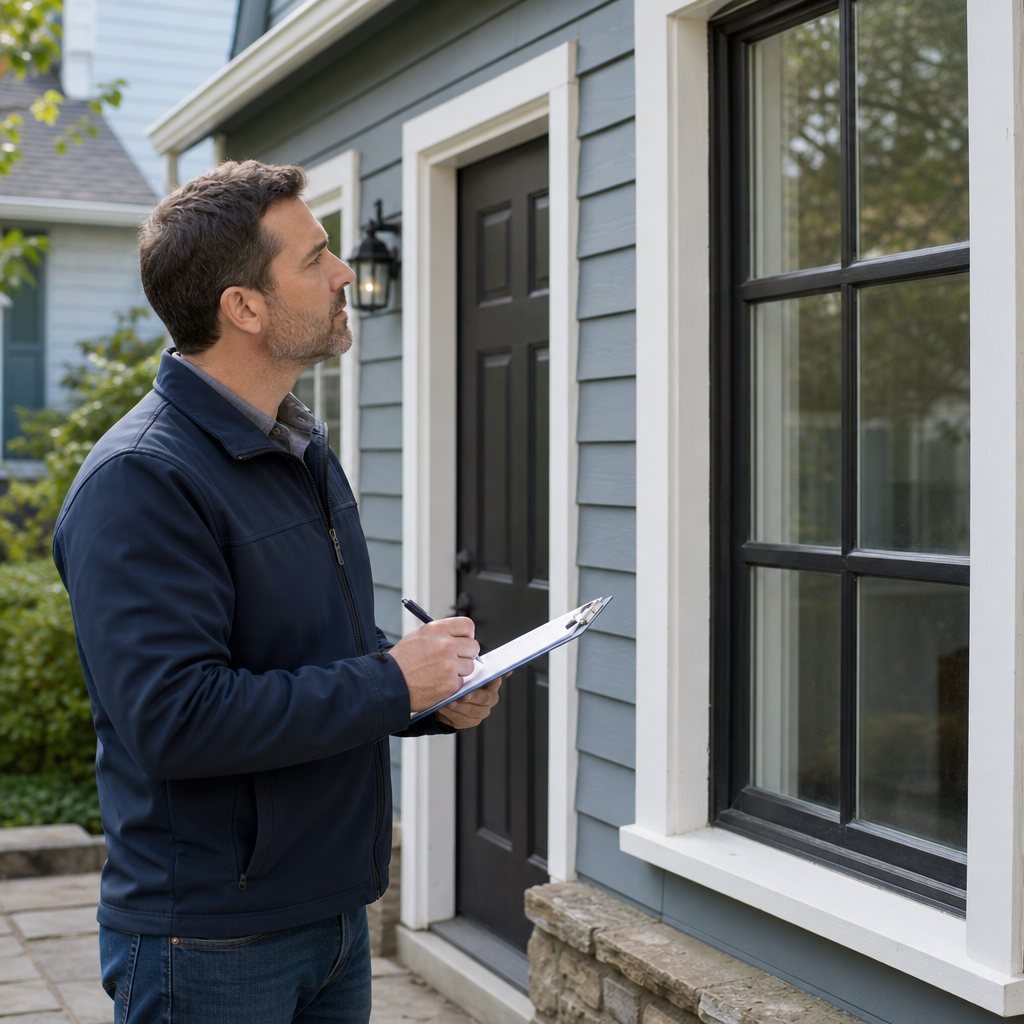 Homeowner conducting property inspection and documenting defects with clipboard