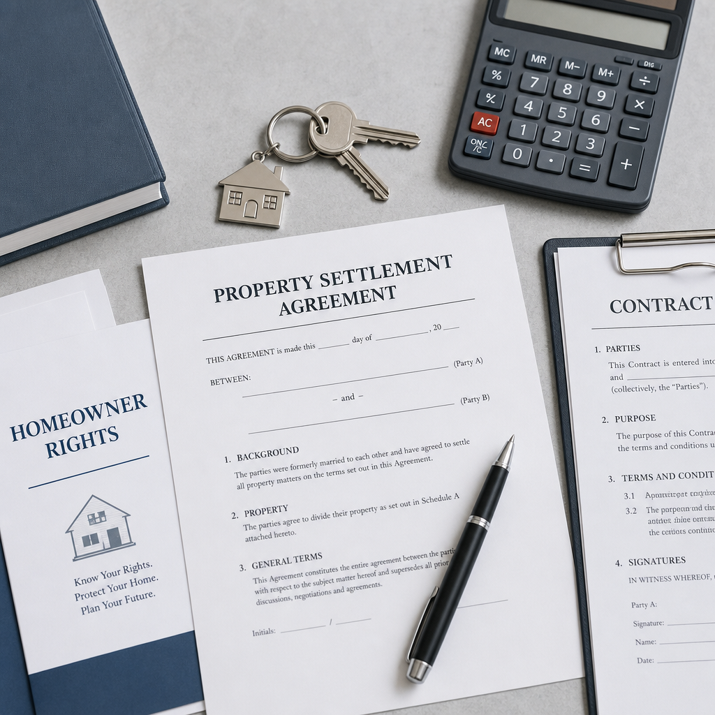 Property settlement documents and legal paperwork arranged on desk