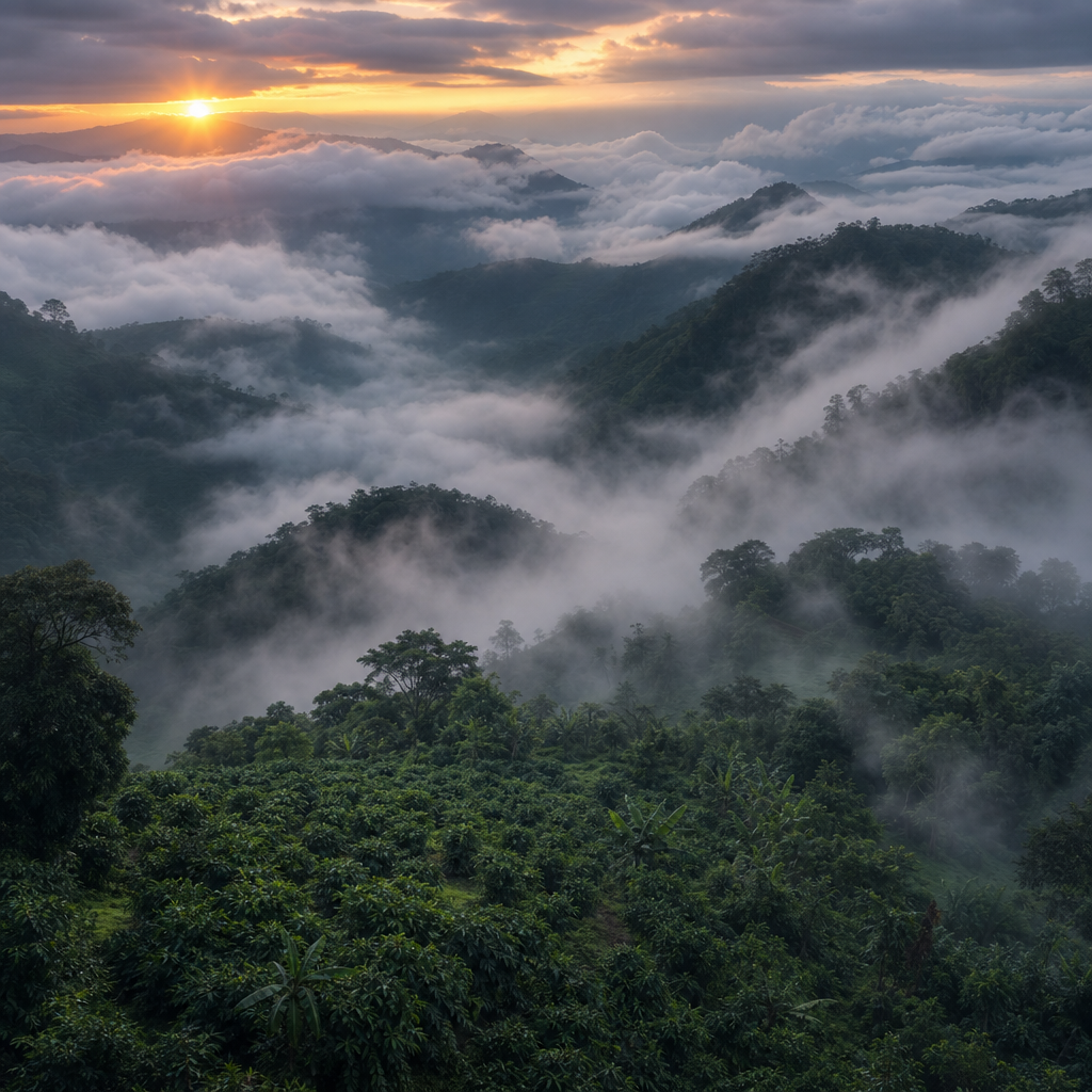 Misty cloud forest mountains at high altitude where Guatemala Coban coffee grows