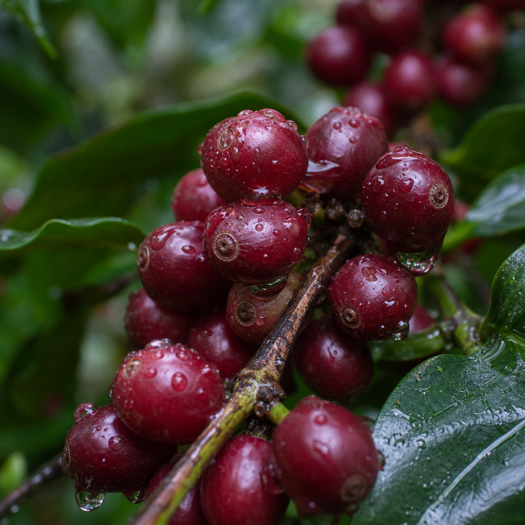 Coffee cherries with morning dew at high altitude in Guatemala Coban region