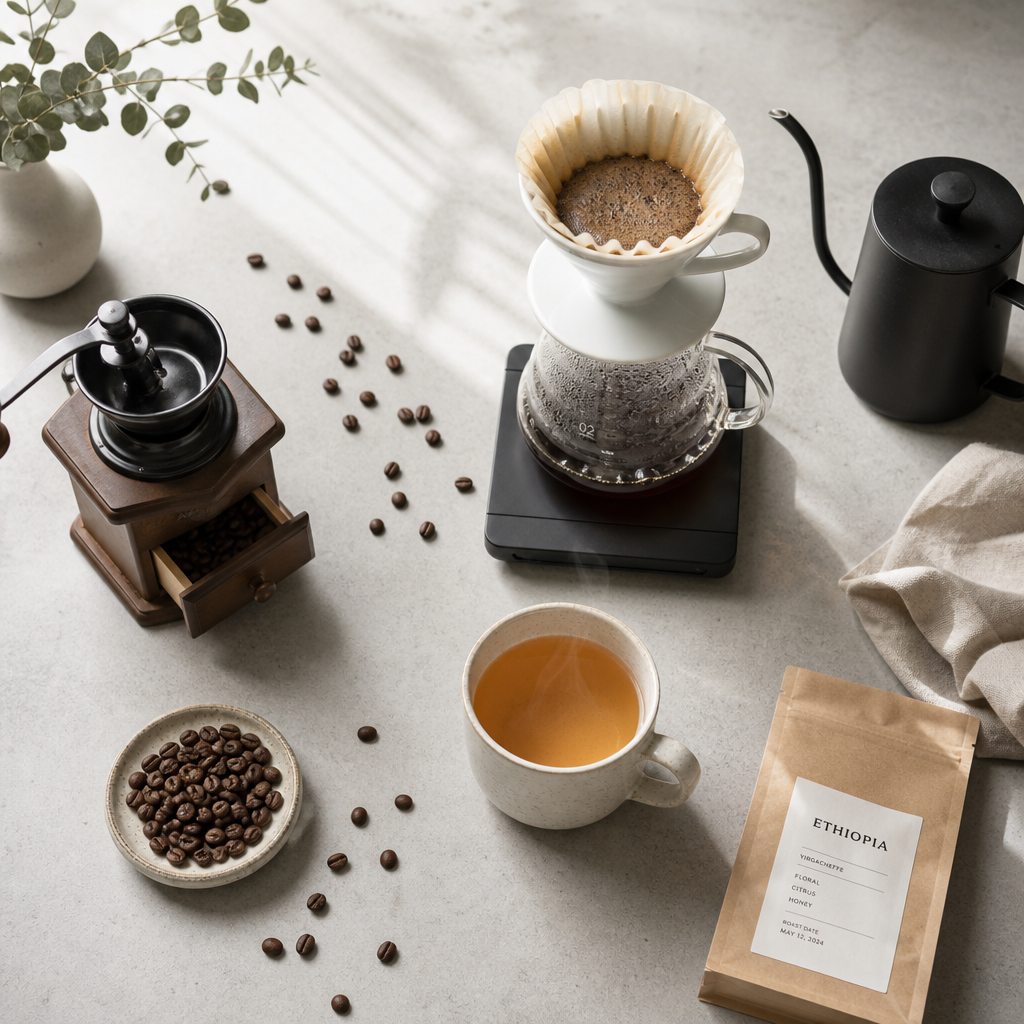 Guatemala Coban coffee brewing setup with pour-over and whole beans on concrete surface