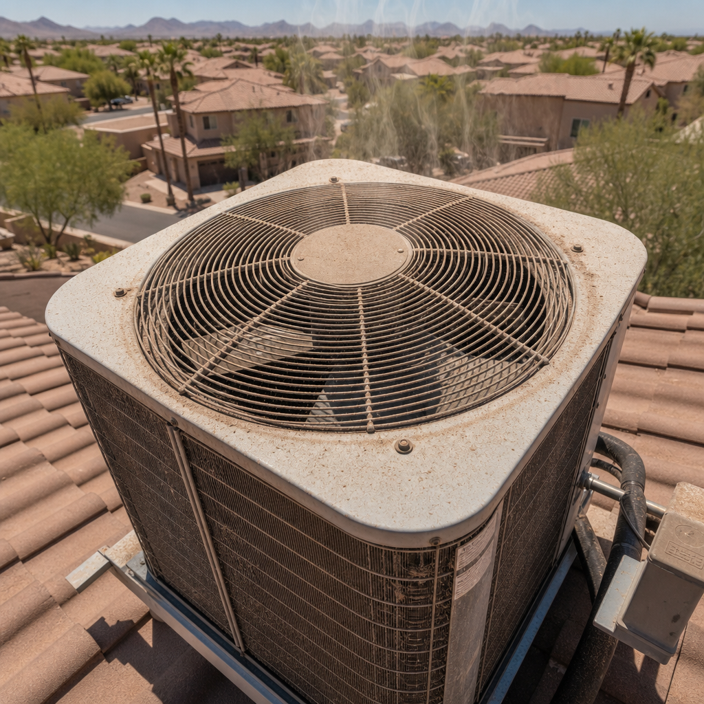 Weathered outdoor AC unit covered in dust on a Phoenix rooftop under intense desert sun