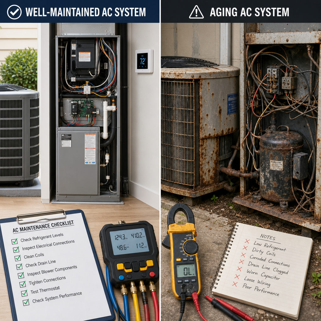 Side-by-side comparison of a maintained versus aging air conditioning system
