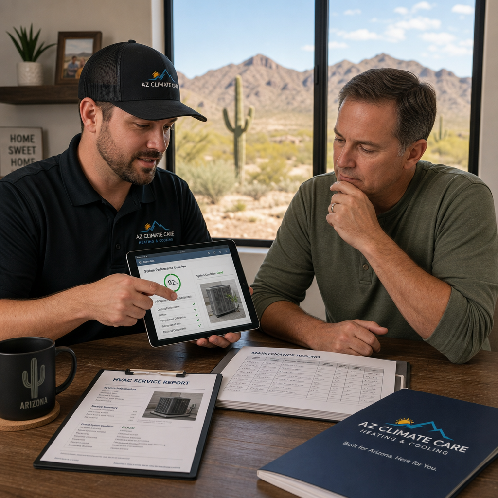 Homeowner and HVAC technician reviewing AC service records and repair versus replacement options